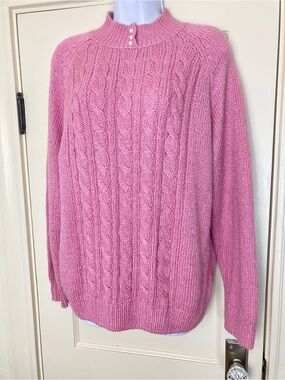 Vintage 90's Rose Pink Cable Knit Mock Neck Sweater Pearl Button Accents  Large